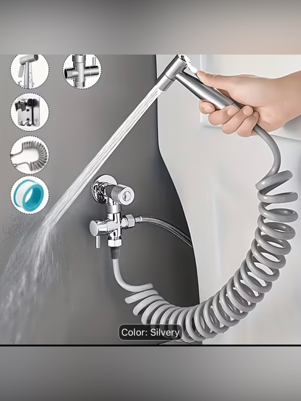 Silvery Handheld Bidet Spray kit with Coiled Hose
